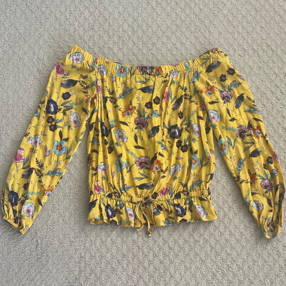 Karen Kane Off-The-Shoulder Tie Front Top Yellow/Multi Festival Boho XS …